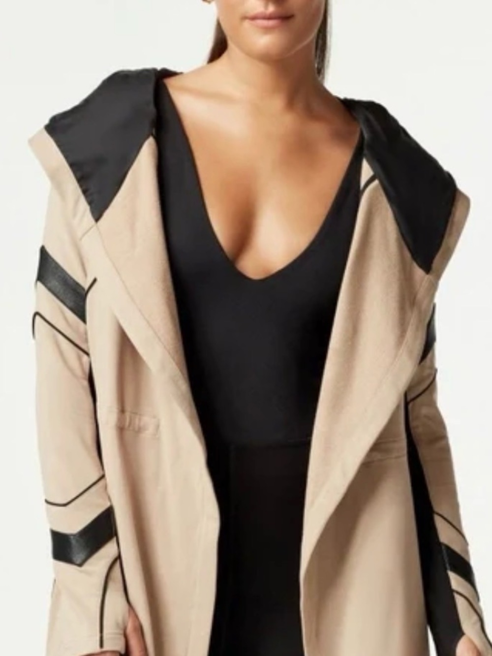 blanc noir Beige Trench Coat with Black Trim
